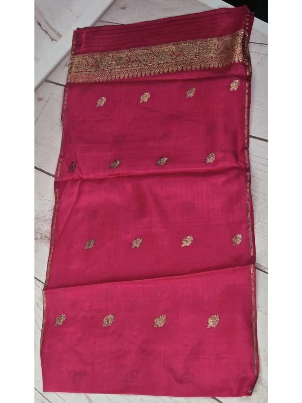 Hand Woven 100% Pure Silk MAGENTA PINK GOLD Made in India Saree Scarf @ 43
